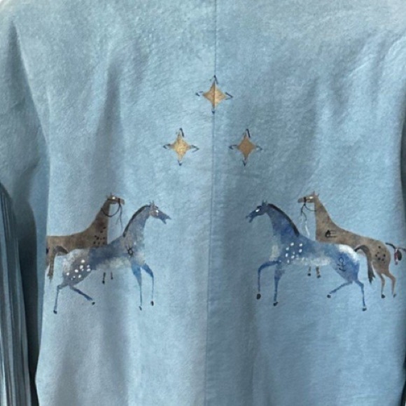VPatricia Wolf Hand-Painted Suede Fringe Jacket & Skirt Set horses stars S/M EUC - Picture 9 of 13